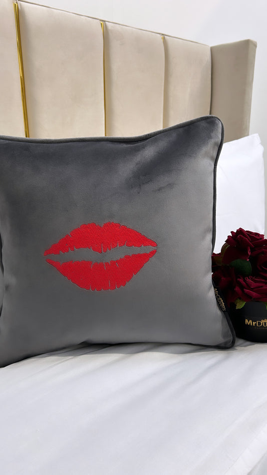 Kiss Me Grey Velvet Cushion
