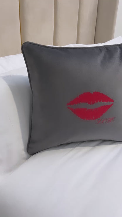 Kiss Me Grey Velvet Cushion