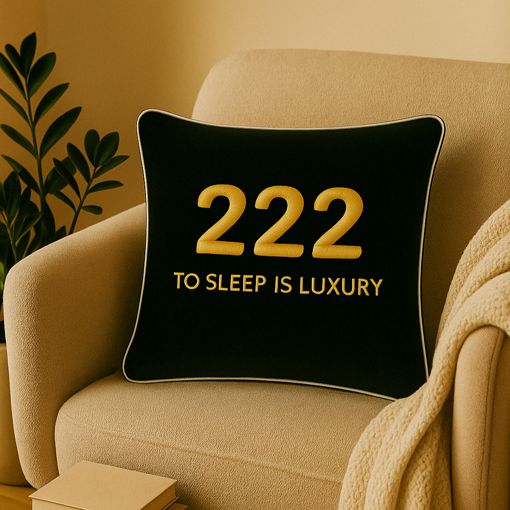 222 Angel Number Velvet Cushion With Gold Pipping lifestyle shoot 