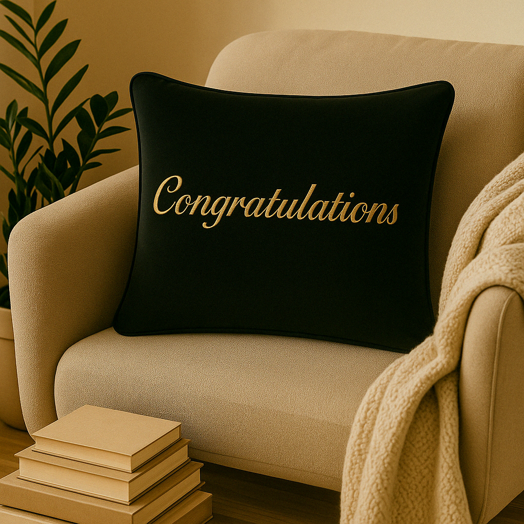 Congratulations Black Velvet Cushion lifestyle shoot