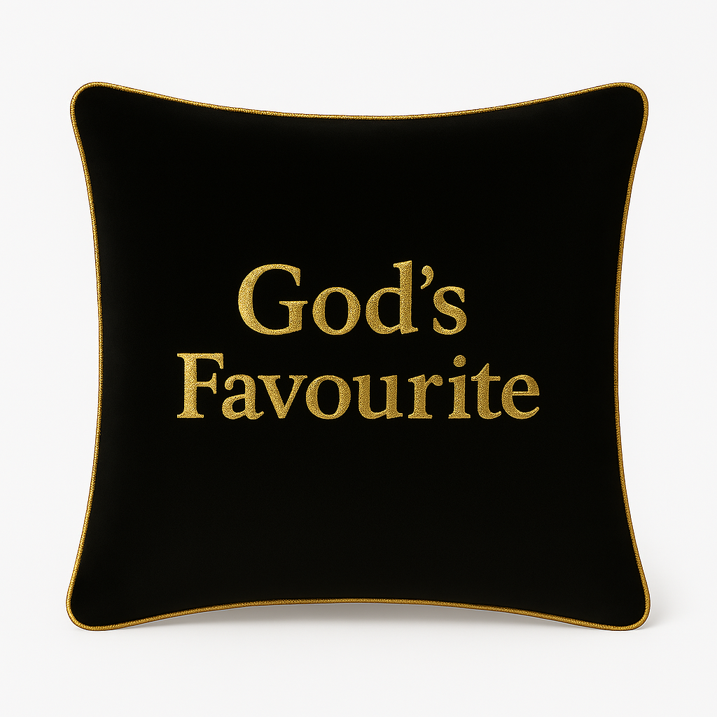 God's Favourite Black Velvet Cushion With Gold Pipping