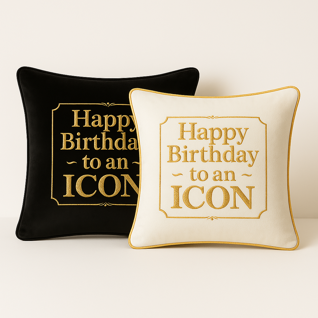 Happy Birthday To An ICON B Velvet Cushion White matching set