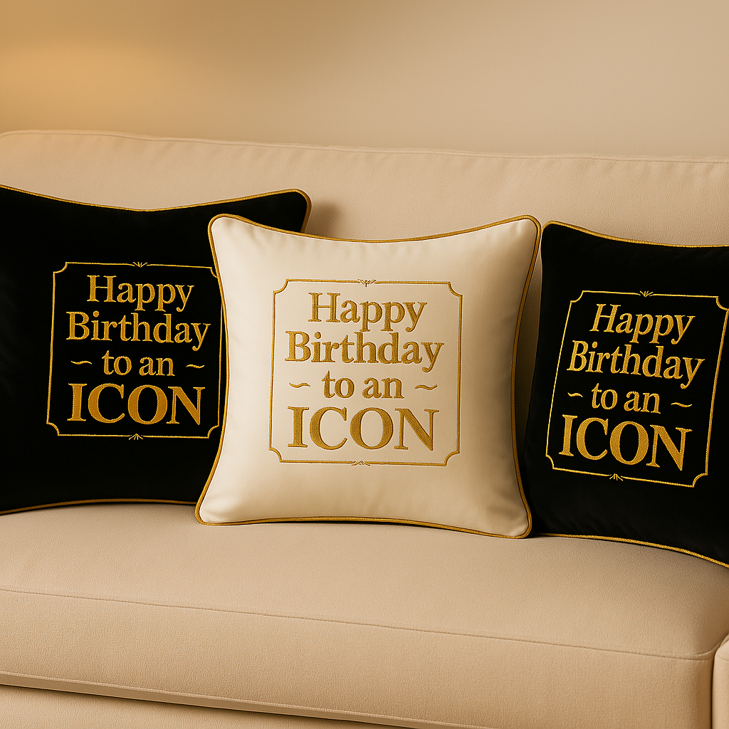 Happy Birthday To An ICON B Velvet Cushion White matching set lifestyle shoot