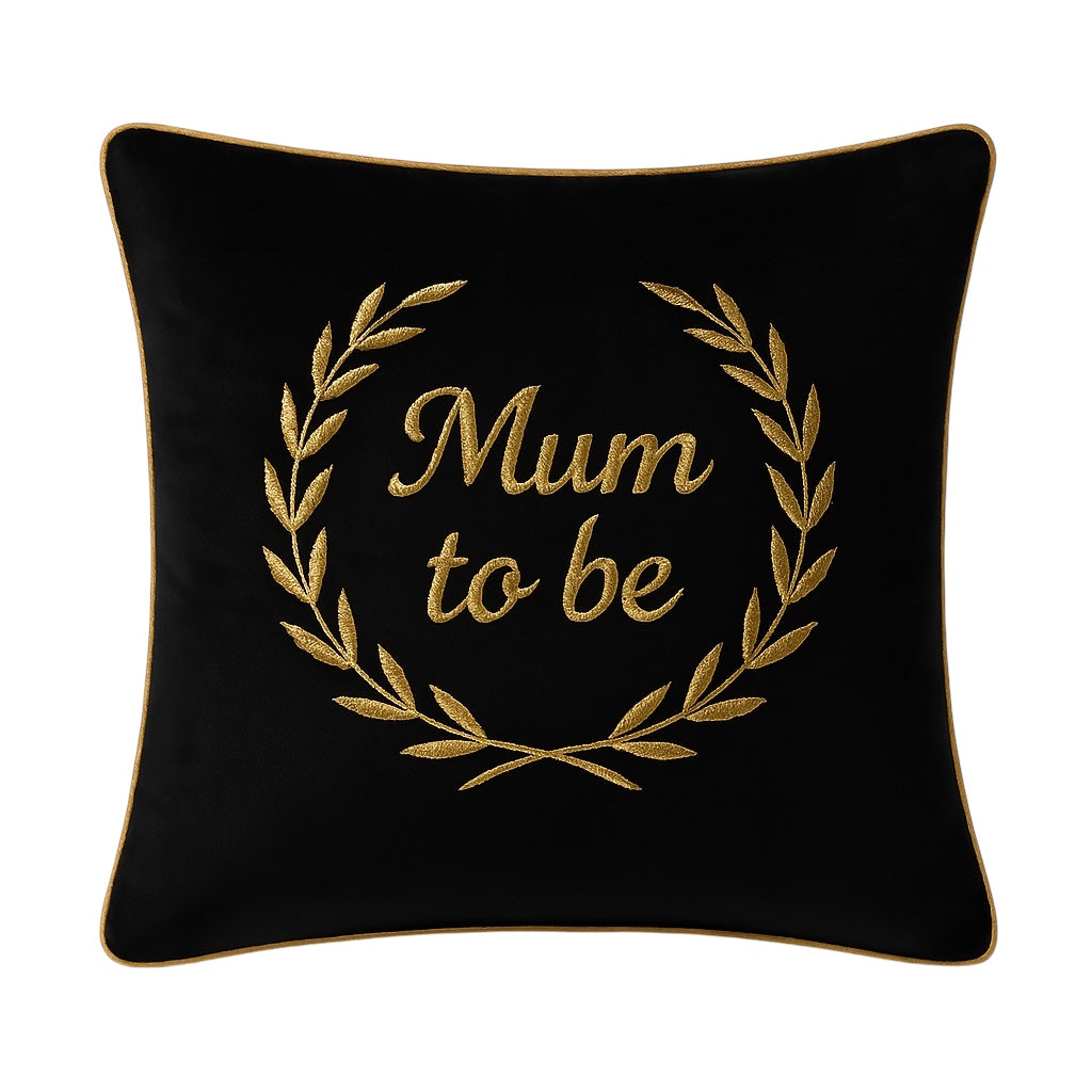 Mum To Be Cushion Black Velvet Feather With Gold Pipping