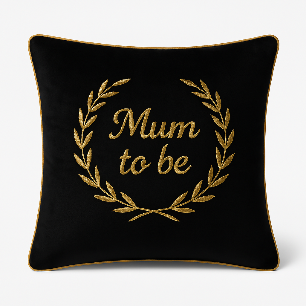 Mum To Be Cushion Black Velvet Feather With Gold Pipping