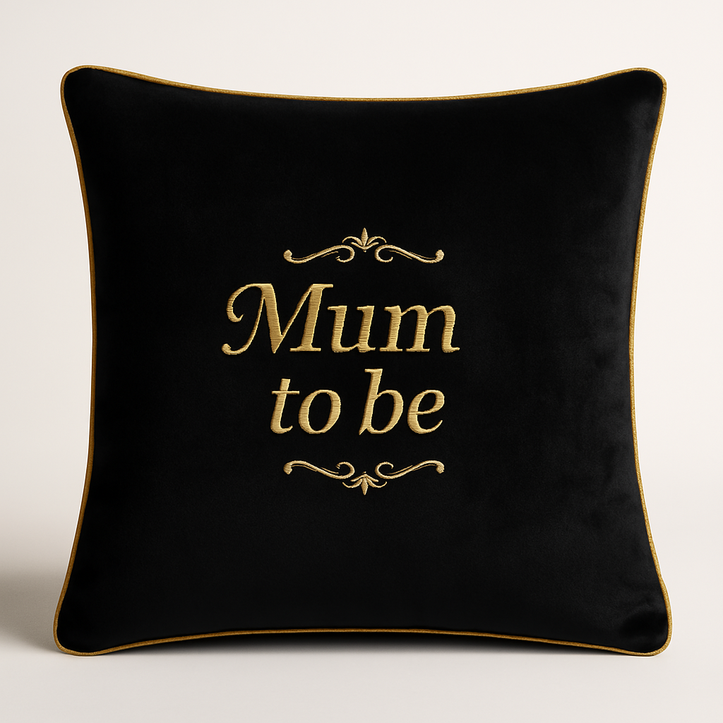 Mum To Be Cushion Black Velvet With Gold Pipping