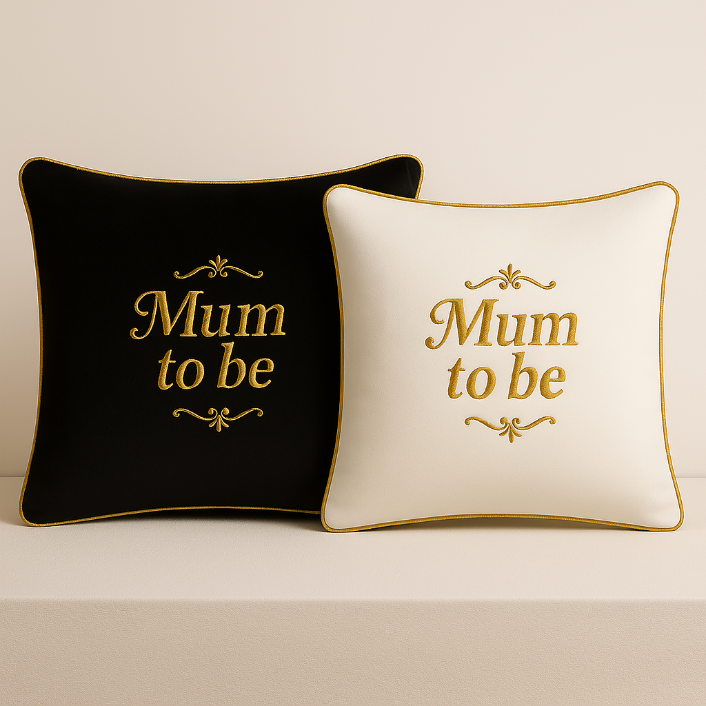 Mum To Be Cushion White & Black Velvet With Gold Pipping