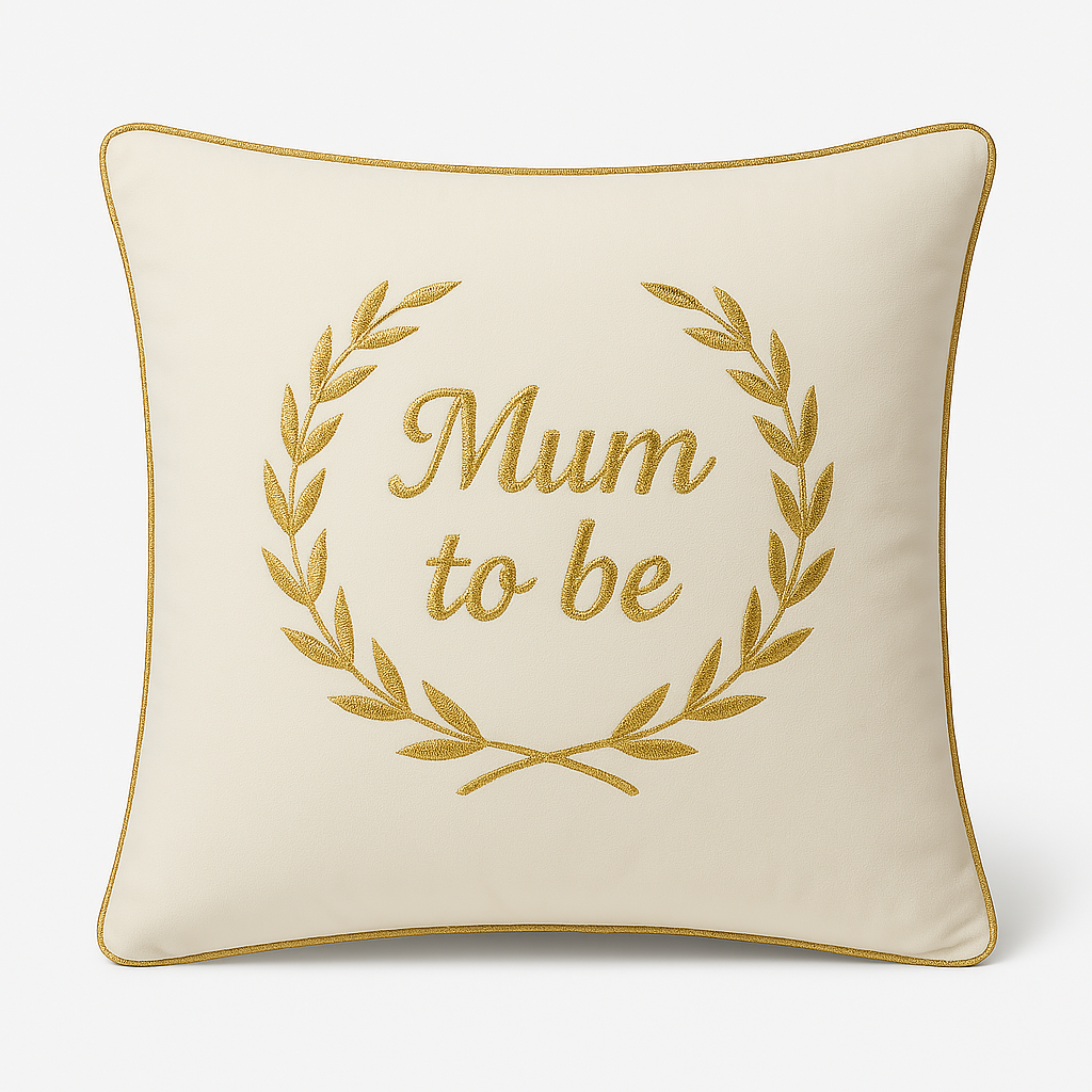 Mum To Be Cushion White Velvet Feather With Gold Pipping