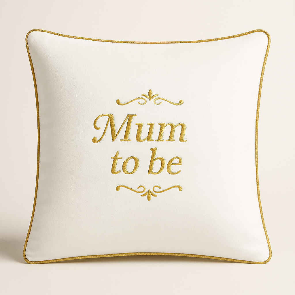Mum To Be Cushion White Velvet With Gold Pipping