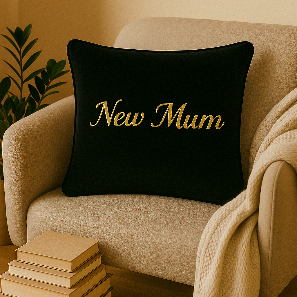 New Mum Cushion Black Velvet lifestyle shoot 