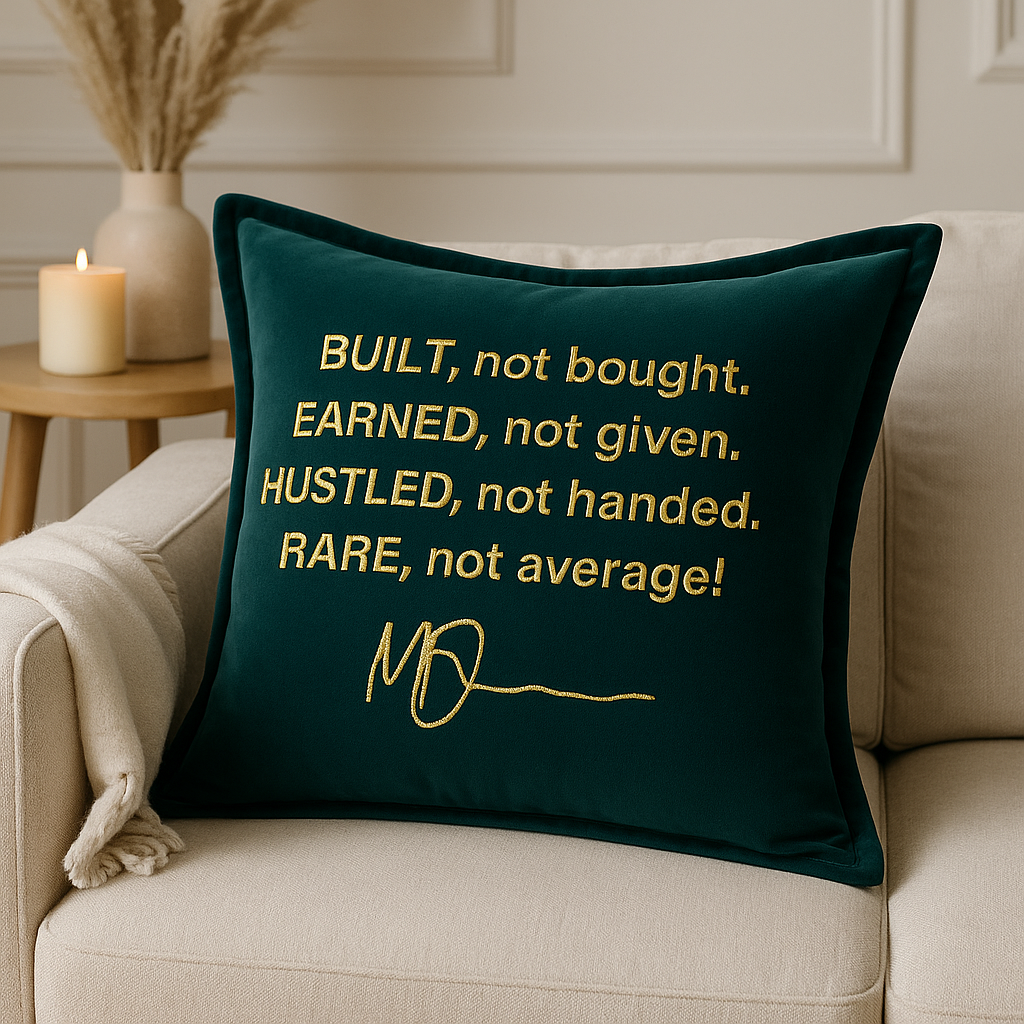 Rare Not Average Embroidered Velvet Cushion Signature Gold Edition lifestyle shoot 