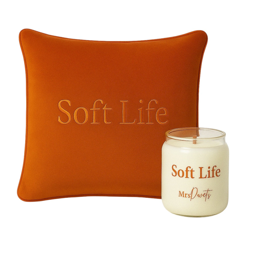 Soft Life Burnt Orange Luxury Cushion and Wellness Candle Gift Box