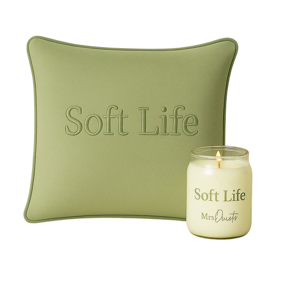 Soft Life Light Green Luxury Cushion & Wellness Candle Gift Set