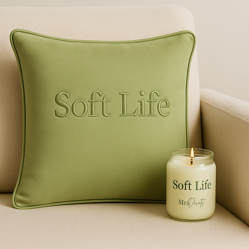 Soft Life Light Green Luxury Cushion & Wellness Candle Gift Set life style shoot 