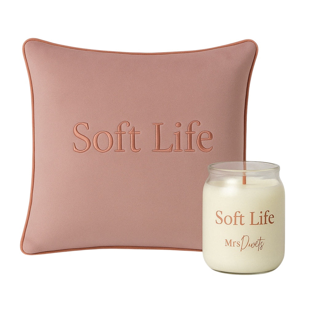 Soft Life Pink Luxury Cushion & Wellness Candle Gift Set
