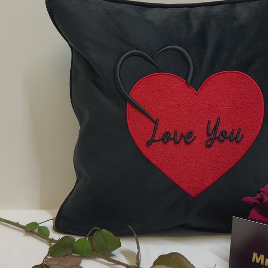 Love You Cushion 3D Puff Heart Black Velvet video