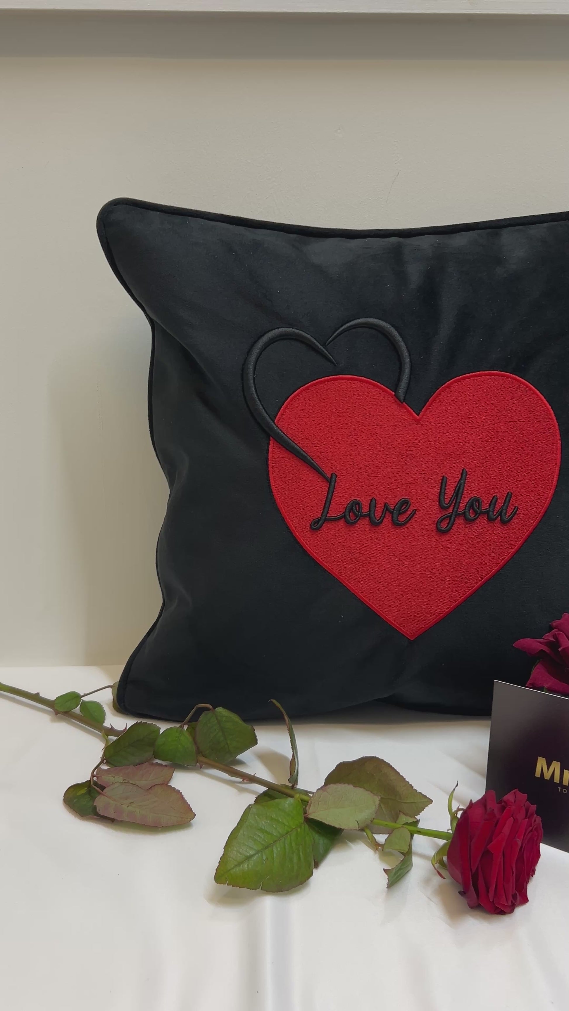 Love You Cushion 3D Puff Heart Black Velvet video